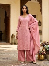 Dusty Pink Kurta Palazzo Set Embroidered Rayon Ethnic Suit Dupatta Set For Women