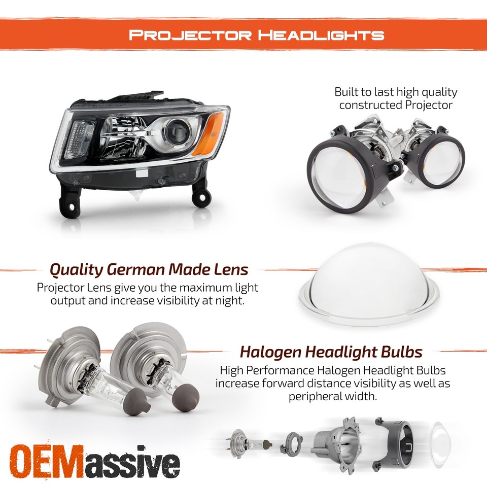 OEMASSIVE Halogen Projector Headlight For 2014-2016 Jeep Grand Cherokee - Chrome Left Driver Side