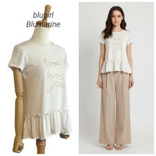 blugirl Blumarine White Ruffle Hem Top with Gold Logo, Size 42