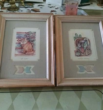 Vintage Framed Southwest Pair Cat Themed Framed/Matted Art Prints 8" x 6.5"wide
