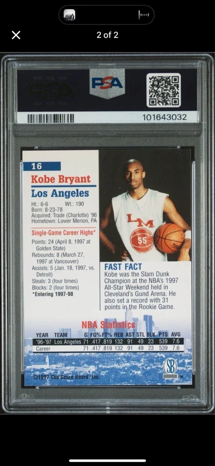 1997 Score Board #16 Kobe Bryant Autograph Collection PSA 8 - Image 2 of 2