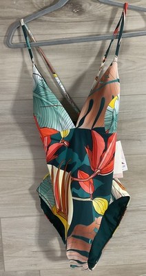 NEW CALIA Swim Triangle Strappy Back One Piece Botanical Print Sea Green Size 10