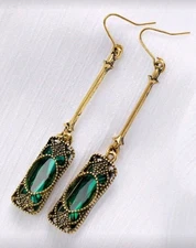 Vintage Styled Holiday Wicked -ly Green Drop Dangle Goldtone Earrings