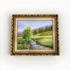 Vintage River Landscape Oil Painting With Gold Gilded Frame. House With Red Roof