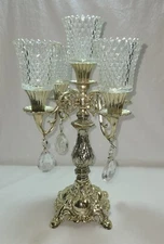 Vintage Gold Romantic Ornate Cast Metal FOUR ARM CANDELABRA With Crystal Prisms