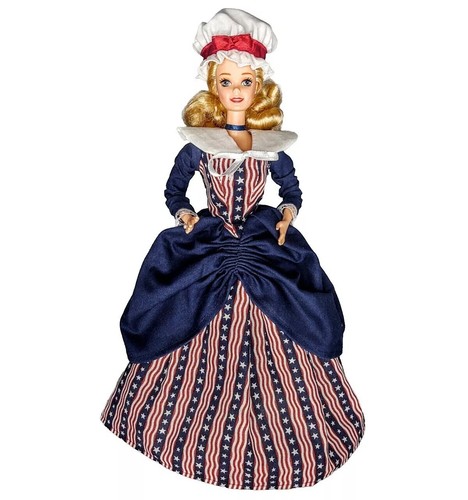 OOAK Fashion Doll wearing Mob Cap Colonial Patriotic Dress 4th of July Decor