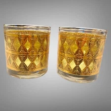 Set Of 2 Gold With Gold/Green Glass Cocktail Low Ball Dbl Rocks Glasses MCM Vtg