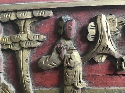 4 Antique Chinese Carved Red Gilt Painted Wood Panels - Picture 4 of 12