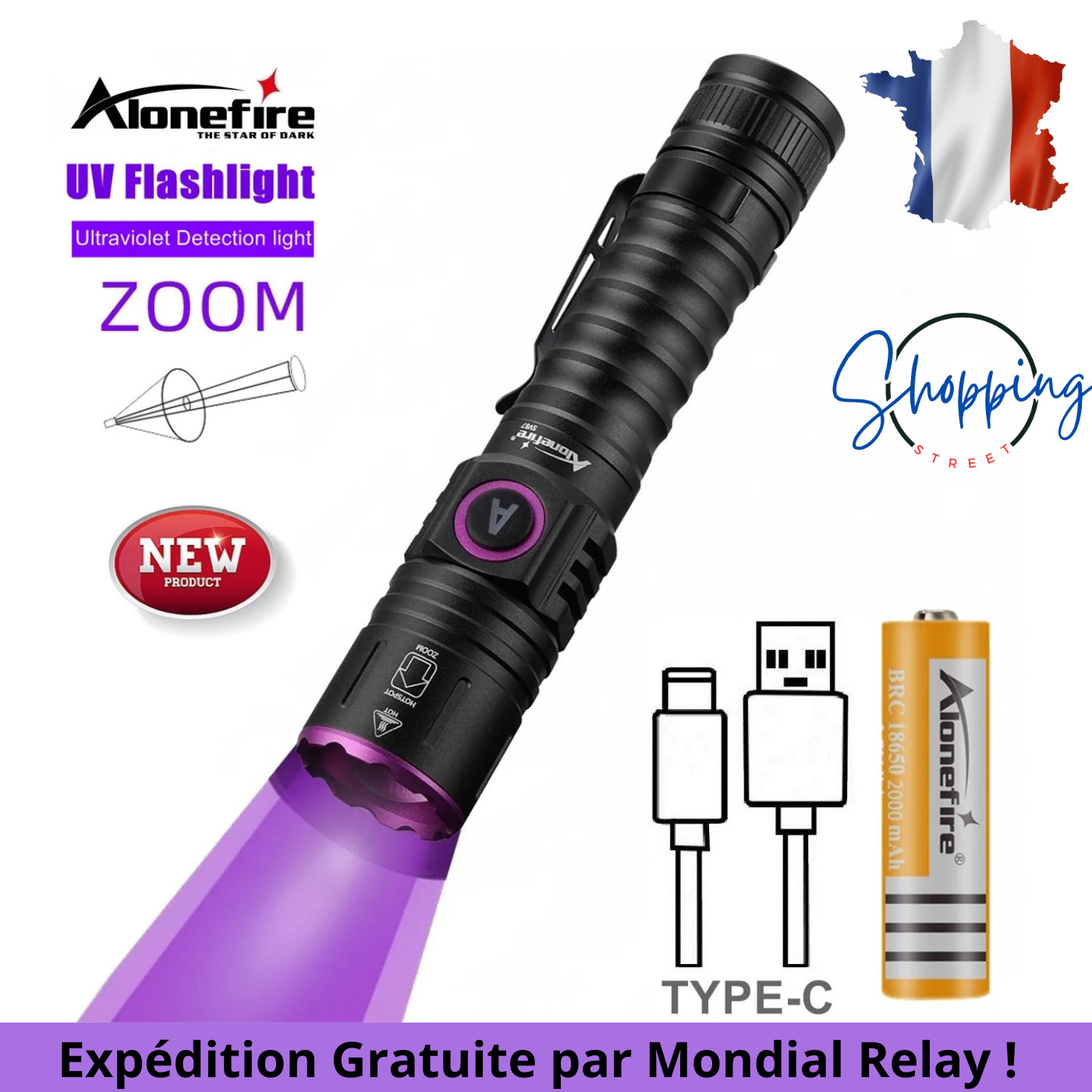 Lampe torche UV 365nm pour détecter les fausses coupures et taches invisibles