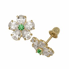Baby Girl's Emerald  Created Diamond Flower Stud Earrings 14K Yellow Gold