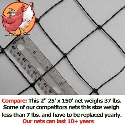 Poultry Netting 25' x 150' Heavy Knotted 2'' Mesh Anti Bird Net Polyethylene