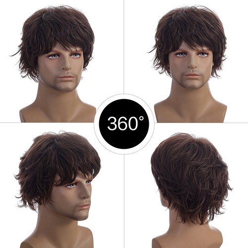 Men Short Brown Wig Natural Fluffy Synthetic Hair Wig Heat Resistant for Cosplay - Picture 5 of 16