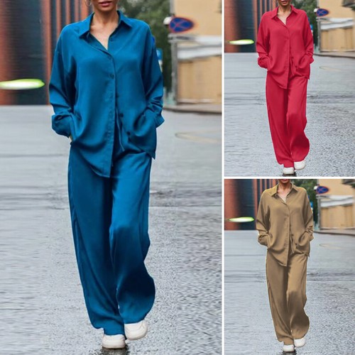 UK Womens V Neck Long Sleeve Tops Shirt Pants Casual Loose Trousers Suits Sets - Picture 1 of 17