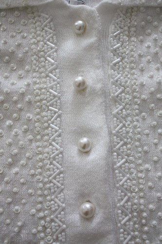 Vtg 90s DKNY Jeans Sequin/Bead Cotton Sweater Pearl Buttons Crop Top White SZ P - 第 5/5 張圖片