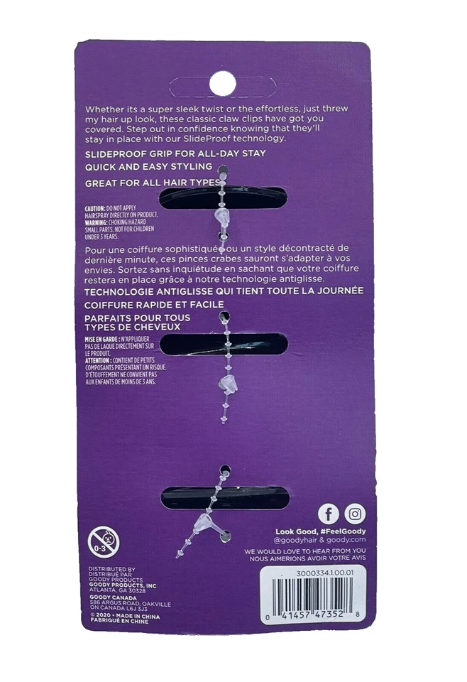 Paquete de 3 clips de garra grande Goody - negro a prueba de diapositivas - 2020 *NUEVO* Foto 2 de 2