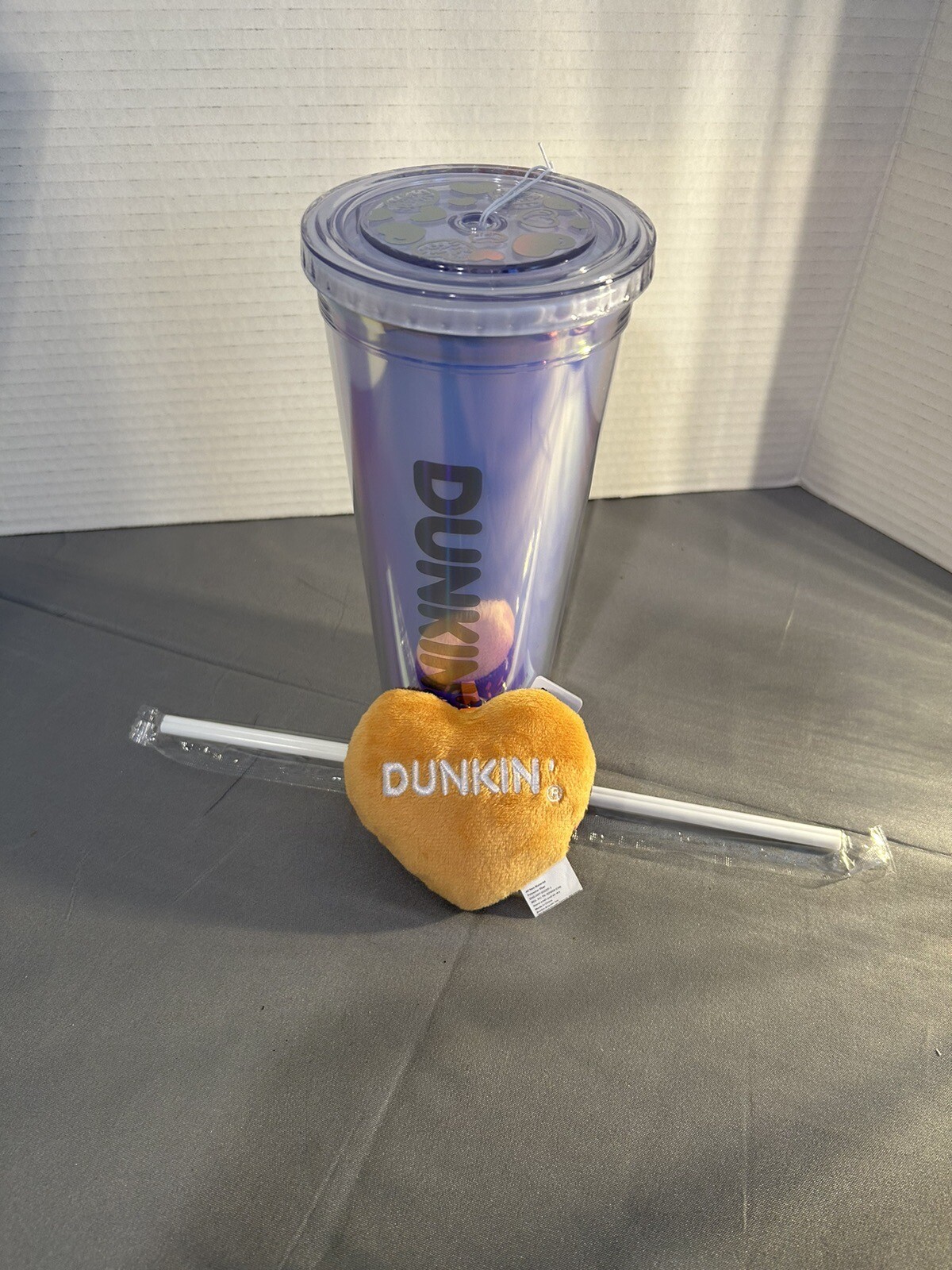 New Dunkin Valentines Day Tumbler Heart Keychain Plush 2024 Blue/Clear