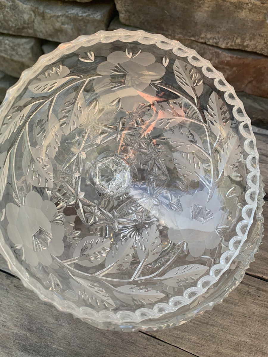 Vintage Crystal Clear Industries Etched Rose, Cut Crystal Lidded