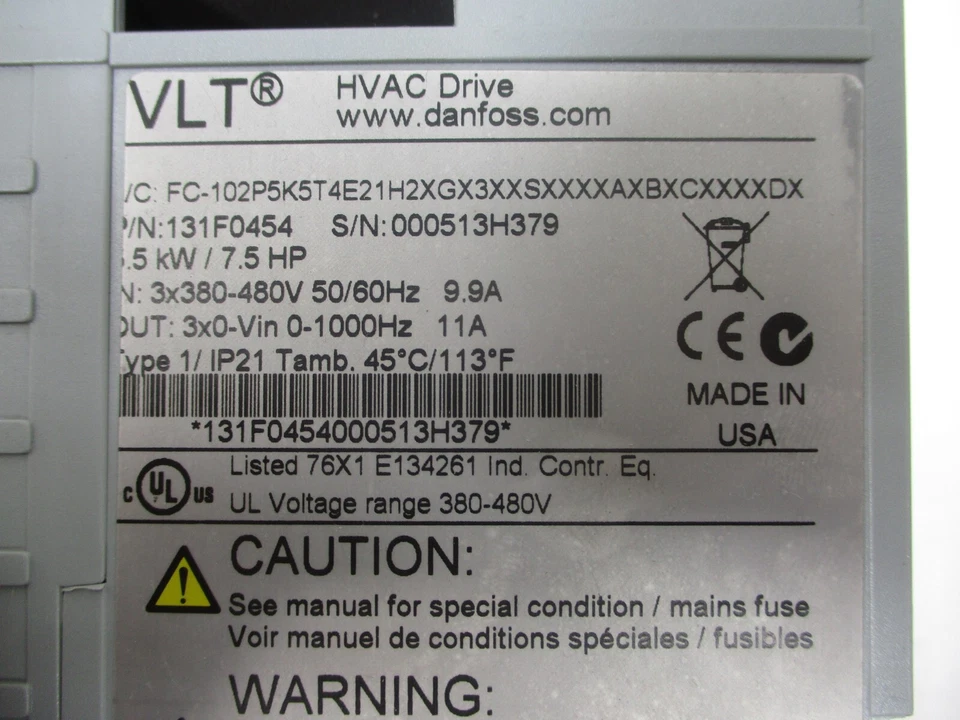 Danfoss FC-102P5K5T4E21H2XG 7.5-HP VLT HVAC Drive 131F0454 5.5kW 7.5HP 11A 480V - Image 4 of 4