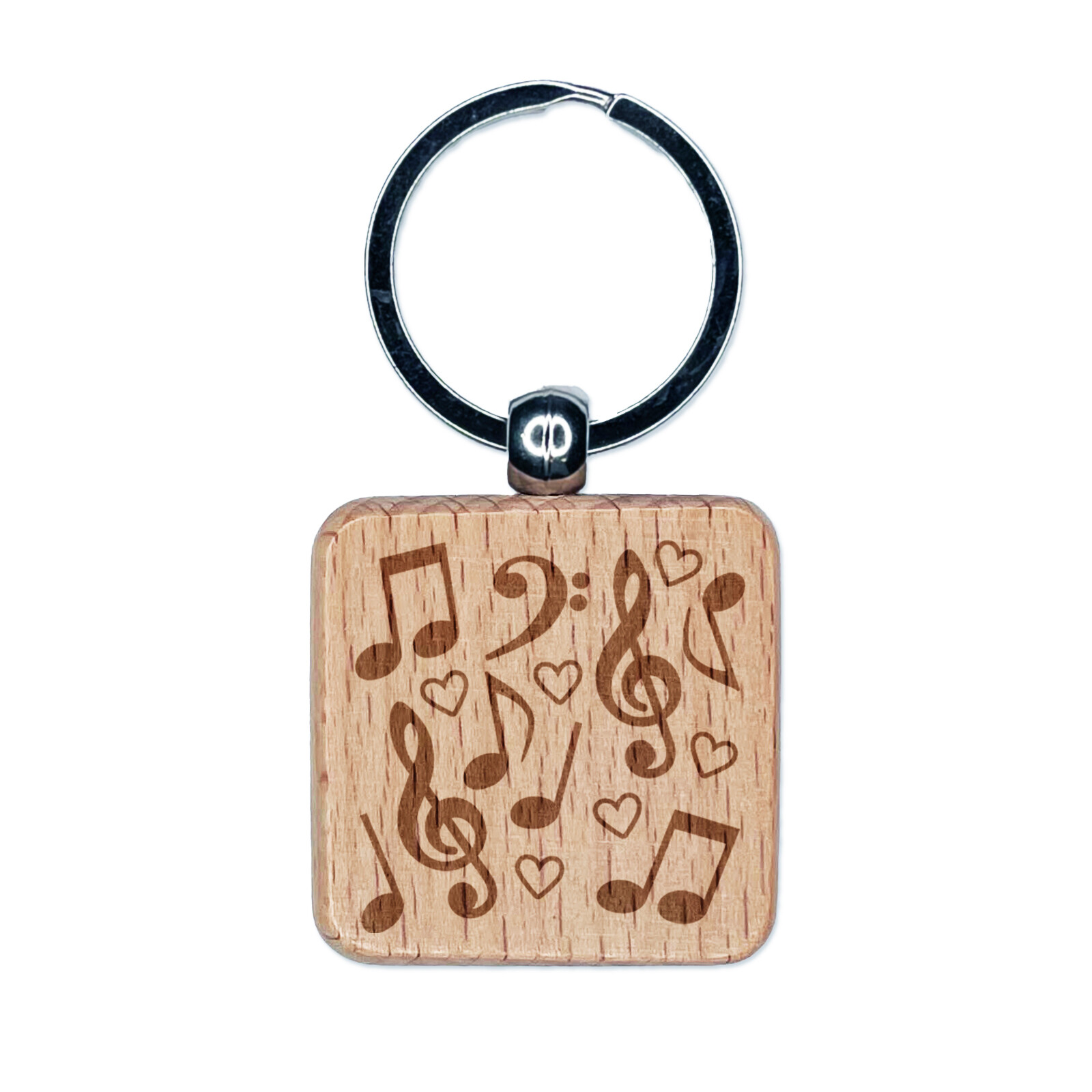 Music Notes and Hearts Engraved Wood Square Keychain Tag Charm