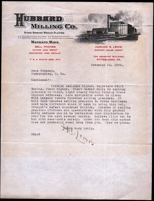 Hubbard Milling Co - Mankato Mn 1920 - Harlow S Lewis - Rare Letter Head Bill