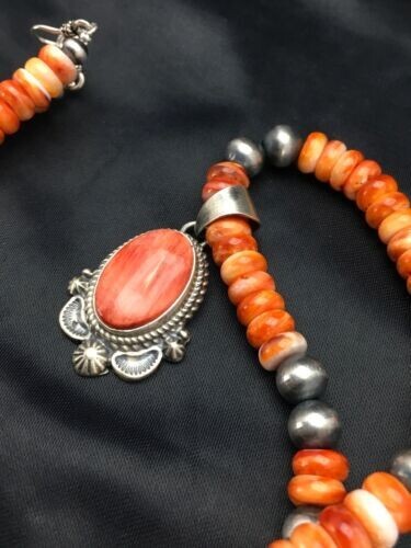 Orange Spiny Oyster Pendant Navajo Pearls Sterling Silver Beads Necklace 2689 - Picture 7 of 12