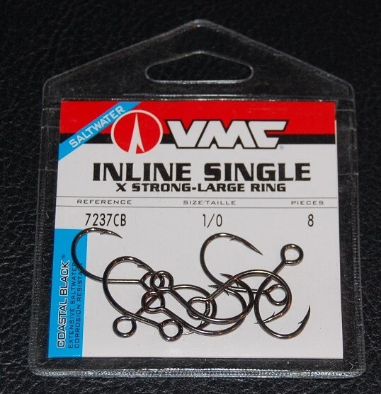 VMC 7237 Inline Single Hooks Size 1/0 Coastal Black Pack of 8 7237CB-10