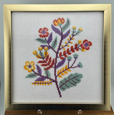 Gold Tone Framed Vintage Multicolored Floral Cross Stitch 9x9