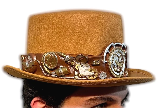 Adulto MARRÓN STEAMPUNK SOMBRERO DE COPA Goma Gadget Banda Punk Bronceado Bala Disfraz Occidental Foto 4 de 4