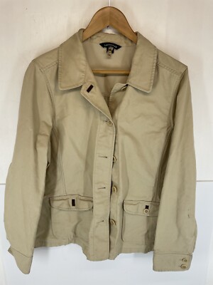 Lands End Field Jacket Size Medium 10-12 Safari coat Button Front Tan Cargo 