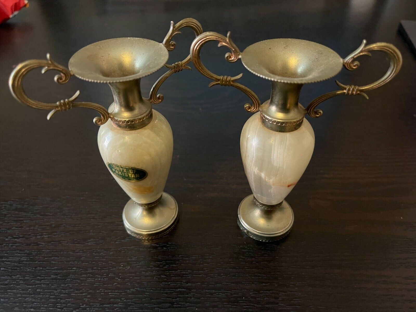 Vintage Natural Pakistan Onyx & Metal Miniature Vase Set of 2