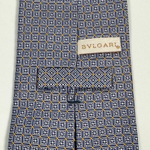 Corbata de seda Bvlgari 7 pliegues para hombre azul patrón geométrico hecha en Italia corbata de lujo - Imagen 5 de 10