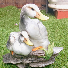 Resin Duck Pair Garden Statue on Rock Base, Lawn Ornament White Grey Yellow