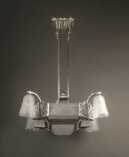 ADOLPHE BLOCH/JEAN GAUTHIER : GRAND LUSTRE ART DÉCO BRONZE ET VERRE MOULÉ-PRESSÉ