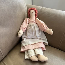 Doll, 16”, Handmade, Cloth, Vintage, Red Curly Hair, Painted Face