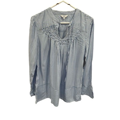 Crown & Ivy Women's Blue Striped V-Neck Blouse M Long Sleeve Top AK31
