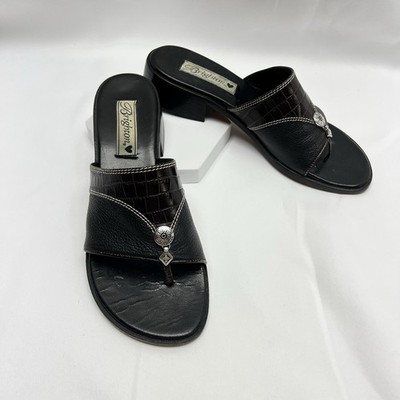 Brighton Malory Sandals Black Brown Leather Thong Block Heels 8N Embellished