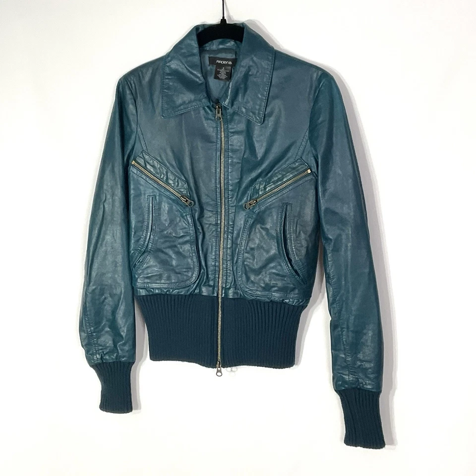 Chaqueta de Moto Arden B De Colección Cuero Bombardero PEQUEÑA VERDE AZULADO Cremallera Y2K De Colección Foto 4 de 4