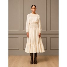 Tory Burch Runway Corded Smocked Silk Midi Dress Ivory Long Sleeve Size 6