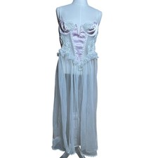 Vintage Fredericks of Hollywood Pink Satin Lace Corset Nightgown Sheer Midi