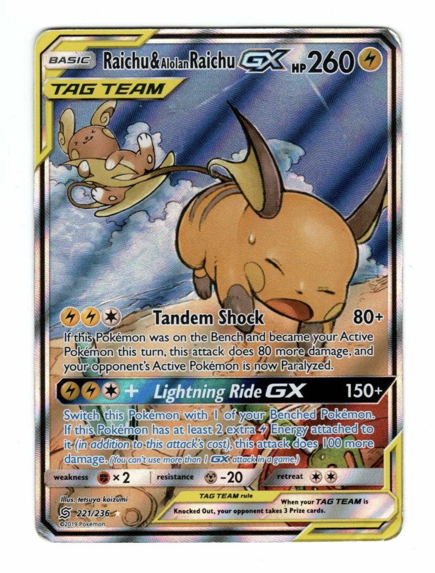 Raichu & Alolan Raichu GX (Alternate Full Art) 221/236 Unified Minds Holo HP DMG