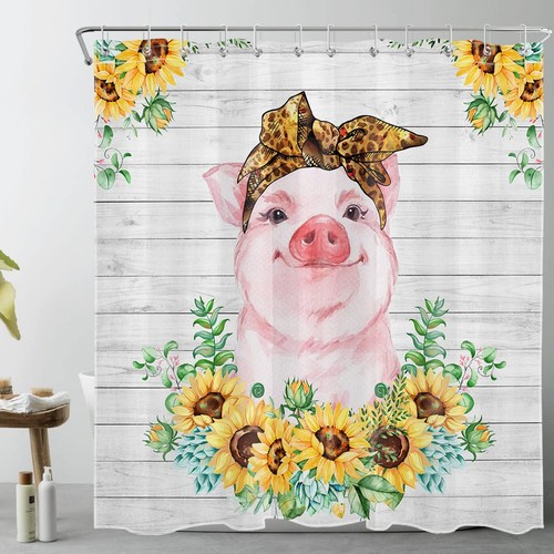 Farmhouse Pig Pink Shower Curtain with Hooks,Funny Farm Animal and Yellow Sun...
