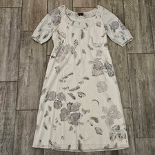 Theory Dazell Silk Dress Womens S Ivory Gray Feather Print Short Sleeve Feminine