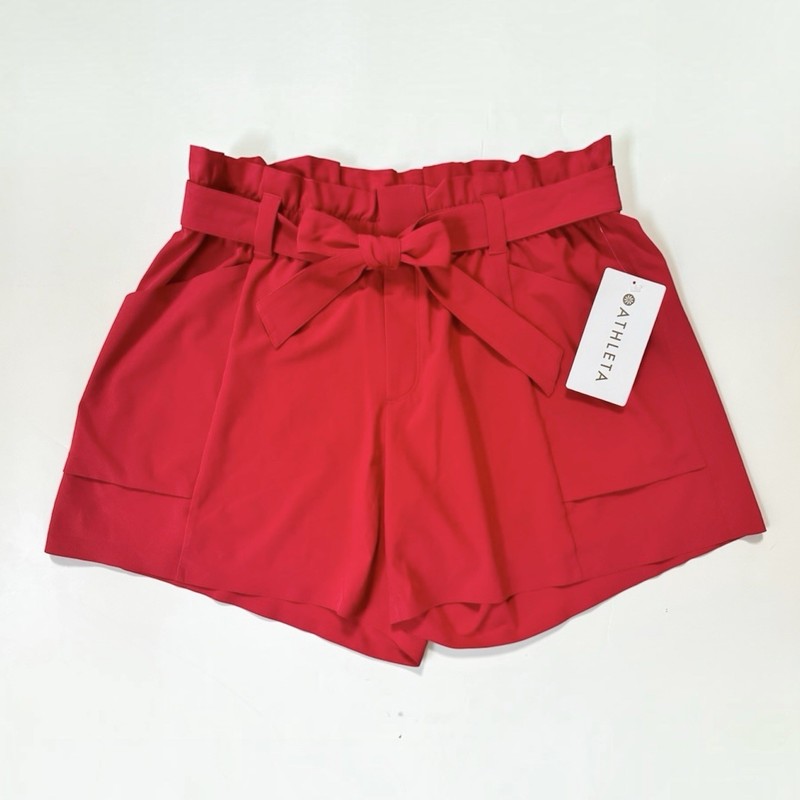 Athleta Women's sz 12 TALL Skyline Short Hibiscus Red Tie Belt & Paperbag Waist