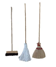 Dollhouse Miniatures Cleaning Time String Mop, Corn Broom & Push Broom 1:12