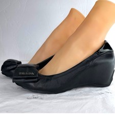 Women Prada Ballet Flats Wedge Hidden Heel SZ 7 US/38 EU Black Leather Bow Logo