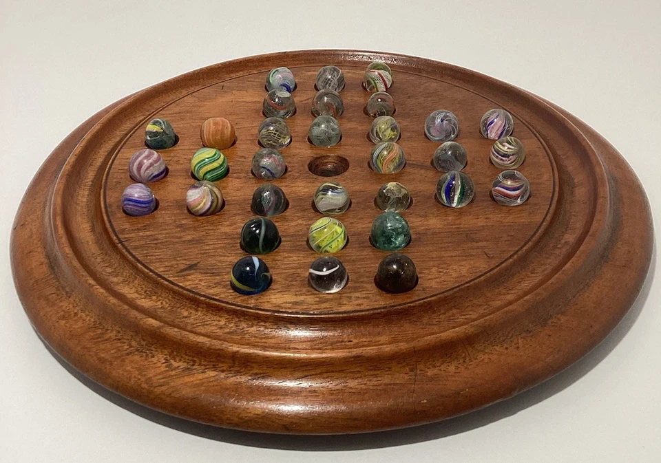 Antique German handmade Marbles 9" Wooden Solitaire Board w/32 Peewee .42”-.52” - Image 3 of 4