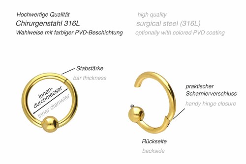 PIERCINGLINE Piercing Ring Chirurgenstahl Segmentring Clicker KUGEL - Bild 2 von 3