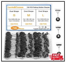 720 PCS Fishing Bobber Stopper Oval Floats Sinker Stops 6 in 1 Black Rubber Size
