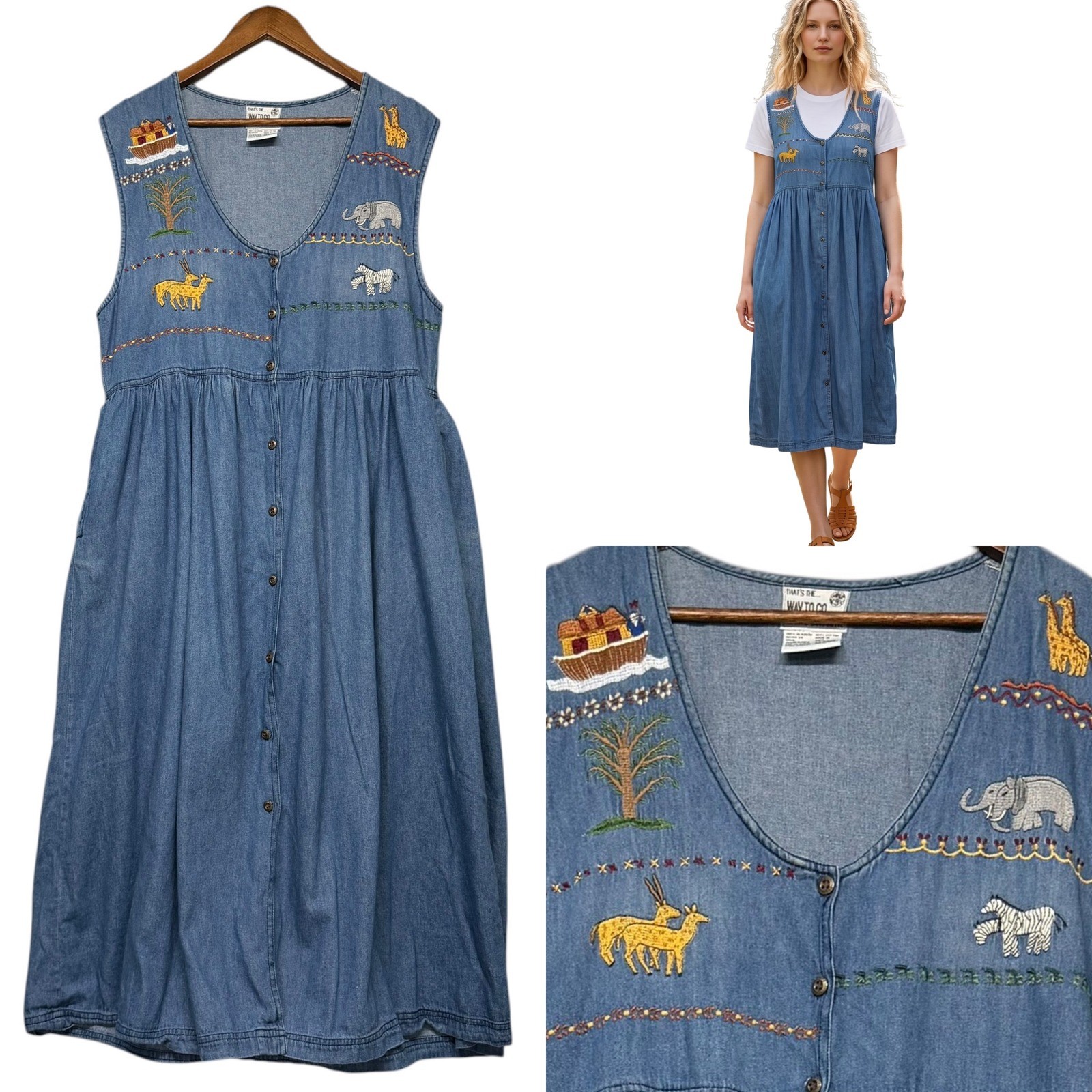 Vintage Y2K 90s Denim Jumper Dress Women XL Embroidered Button Front Cottagecore