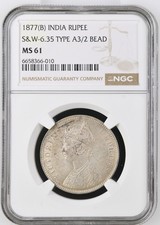 1877(B) INDIA S&W-6.35 TYPE A3/2 BEAD RUPEE MS 61